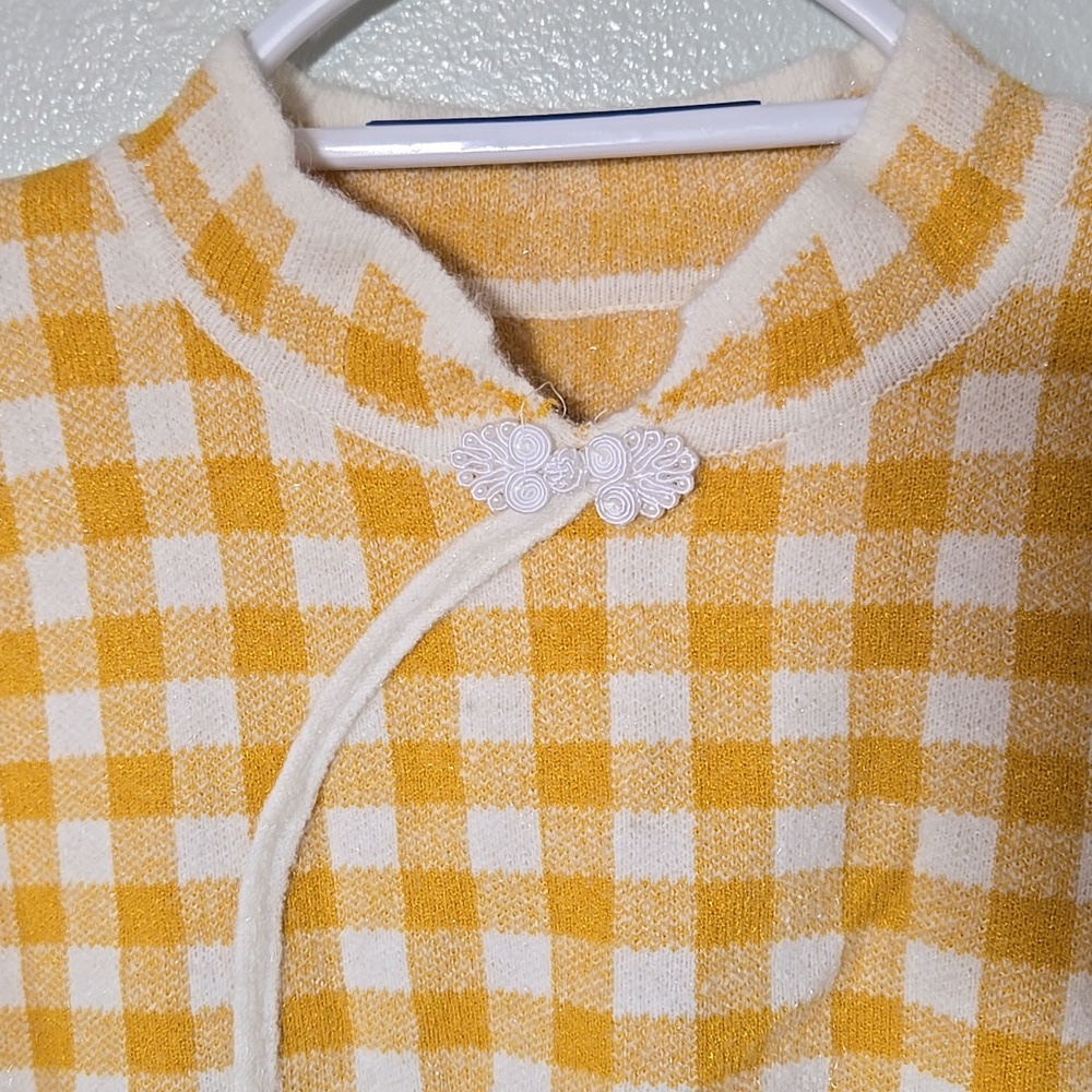 Vintage 60s Yellow Gingham Mandarin Collar Sweater - Picture 2 of 8